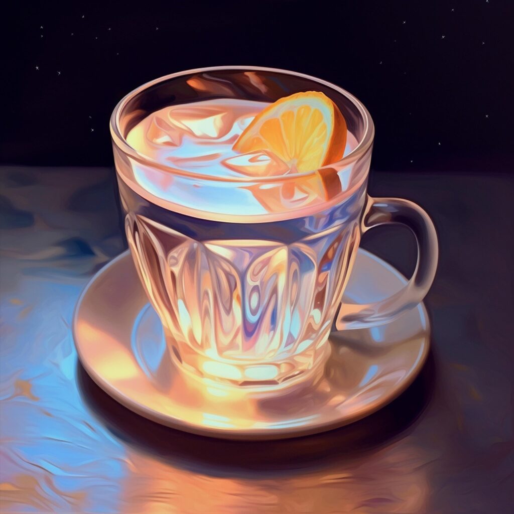 Korvallinen vesilasi, jossa vettä ja sitrushedelmäviipale.