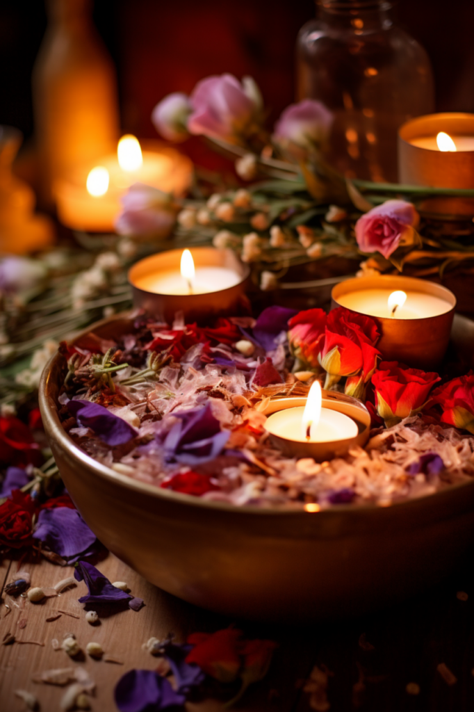 Tunnelmallinen kuva, jossa palavia kynttilöitä ja kuivakukkien terälehtiä sekä suolaa kulhossa ja pöydällä.